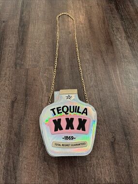 Novelty Holographic Tequila XXX Crossbody Bag with Gold Chain